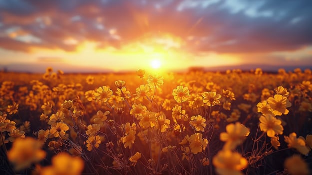 AI generated Field of Flowers With Setting Sun photo