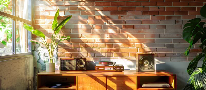 AI generated vinyl record and vintage audio in the coffee shop photo