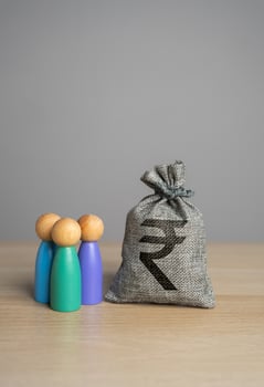 People figurines and indian rupee money bag. Financial support. Compensation payments. Providing money, paying salaries and grants. Social assistance. photo