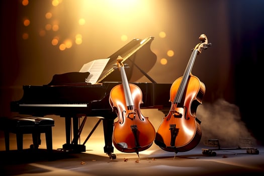 AI generated music trio instrument with grand piano, violin and cello on the stage with bogeh effect background photo