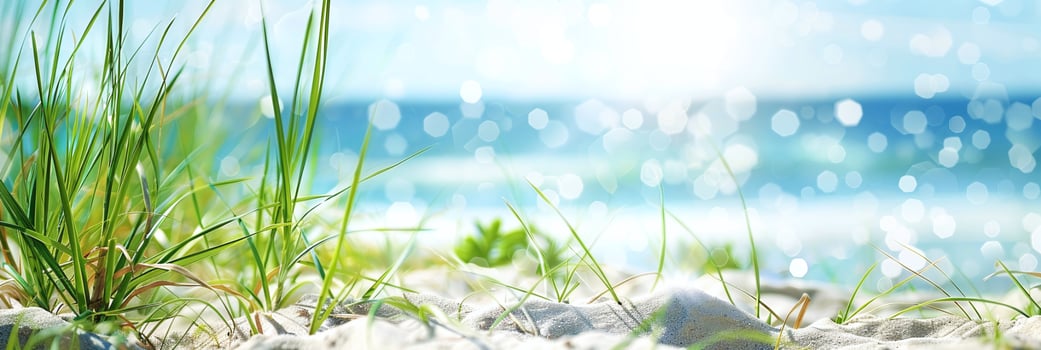 AI generated Banner Bright summer beach background with vibrant grass, sparkling sea, and clear sky for vacation and travel designs photo