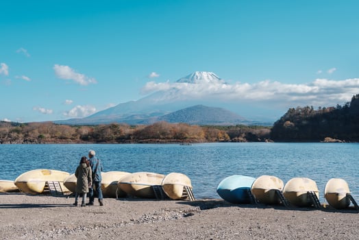 Mount Fuji at lake Shoji near Kawaguchiko, one of the Fuji Five Lakes located in Yamanashi, Japan. Landmark for tourists attraction. Japan Travel, Destination, Vacation and Mount Fuji Day concept photo
