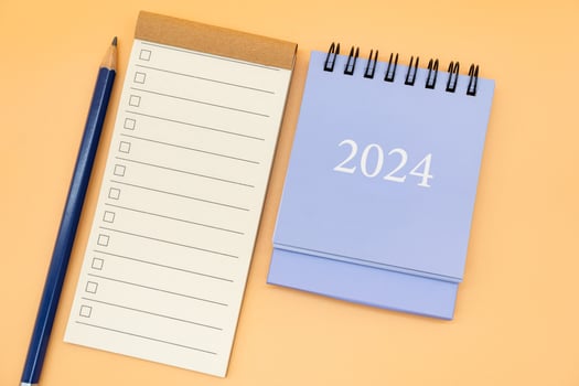 Blank to do list for text with checkbox, Pencil and Simple desk calendar 2024. Empty Check list for text in 2024. Copy Space. isolated background. To do list in 2024. photo
