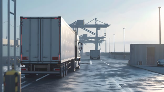 AI generated Truck trailer on the pier in the cargo port terminal with cranes and containers. AI Generated photo