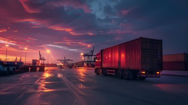 AI generated Truck trailer on the pier in the cargo port terminal with cranes and containers. AI Generated photo