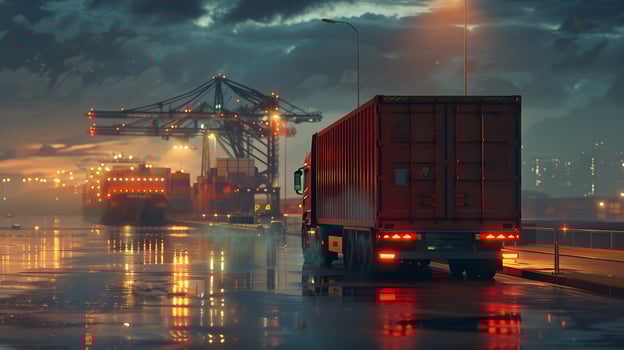 AI generated Truck trailer on the pier in the cargo port terminal with cranes and containers. AI Generated photo
