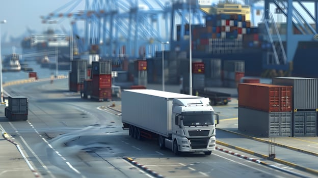 AI generated Truck trailer on the pier in the cargo port terminal with cranes and containers. AI Generated photo