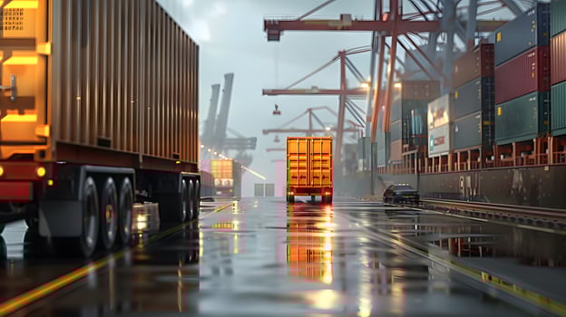 AI generated Truck trailer on the pier in the cargo port terminal with cranes and containers. AI Generated photo
