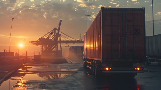 AI generated Truck trailer on the pier in the cargo port terminal with cranes and containers. AI Generated photo