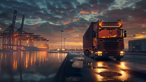 AI generated Truck trailer on the pier in the cargo port terminal with cranes and containers. AI Generated photo
