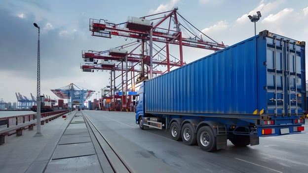 AI generated Truck trailer on the pier in the cargo port terminal with cranes and containers. AI Generated photo