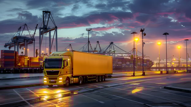 AI generated Truck trailer on the pier in the cargo port terminal with cranes and containers. AI Generated photo