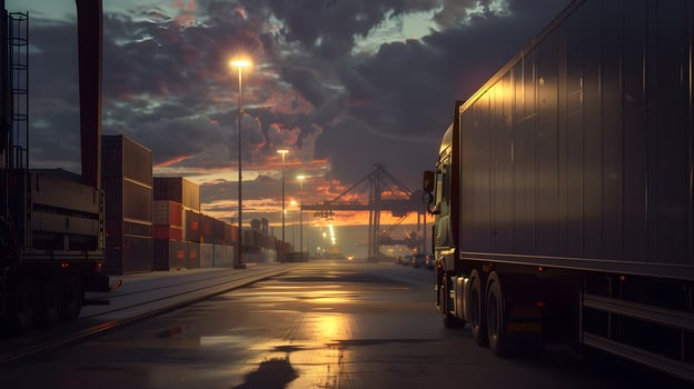 AI generated Truck trailer on the pier in the cargo port terminal with cranes and containers. AI Generated photo