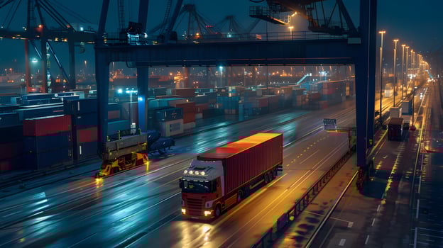 AI generated Truck trailer on the pier in the cargo port terminal with cranes and containers. AI Generated photo