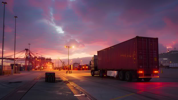 AI generated Truck trailer on the pier in the cargo port terminal with cranes and containers. AI Generated photo