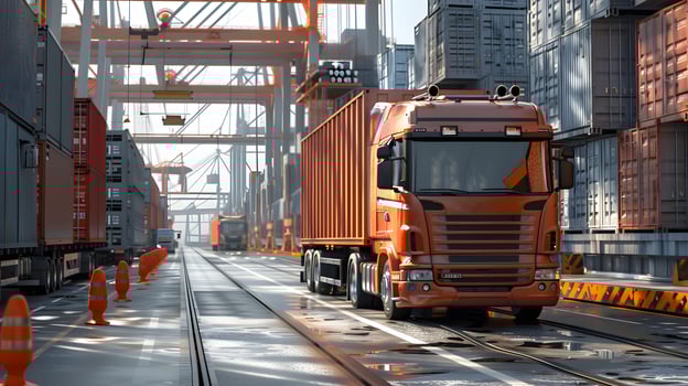 AI generated Truck trailer on the pier in the cargo port terminal with cranes and containers. AI Generated photo
