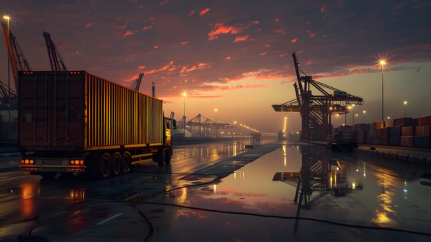 AI generated Truck trailer on the pier in the cargo port terminal with cranes and containers. AI Generated photo