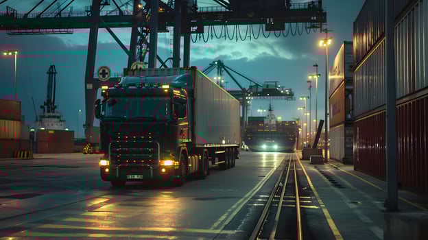 AI generated Truck trailer on the pier in the cargo port terminal with cranes and containers. AI Generated photo