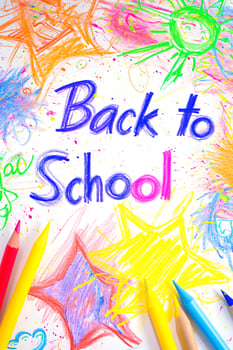 AI generated Naive children's drawing with colored chalk on white paper, made by hand by a child, text Back to School photo
