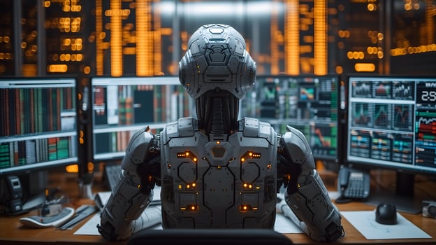 AI generated Back view of a financial analyst day trader robot working on computer with many screens that shows real-time stock data. photo
