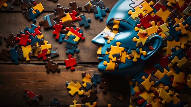 AI generated Cognitive psychology. Human head with jigsaw puzzle pieces for mental health and therapy concept photo