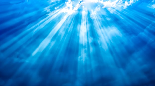 AI Generated Underwater dreamscape with sun rays photo