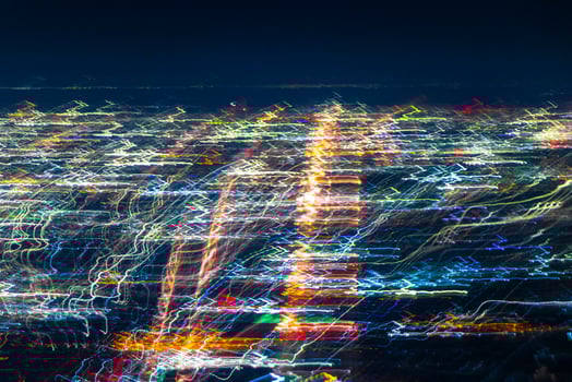 Flight take off landing airplane over city night abstract blurred. photo