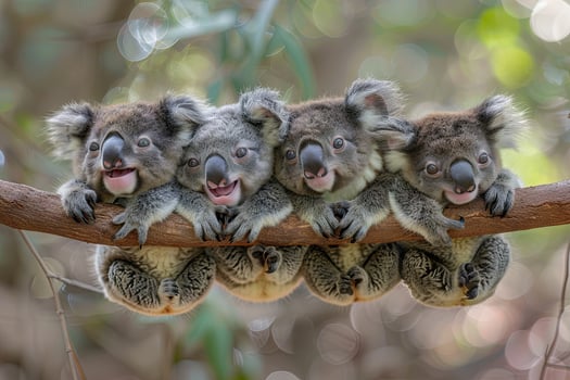 AI generated Koala Baby group of animals hanging out on a branch, cute, smiling, adorable photo