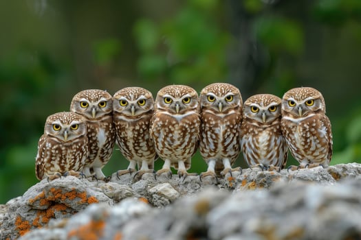 AI generated group of Burrowing owls Athene cunicularia in nature photo
