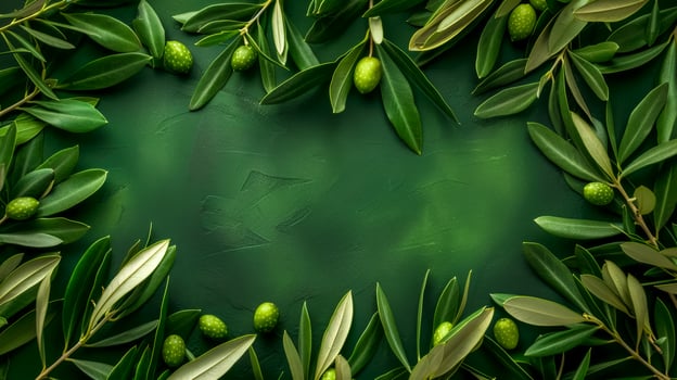 AI Generated Fresh olive branches on dark green background photo