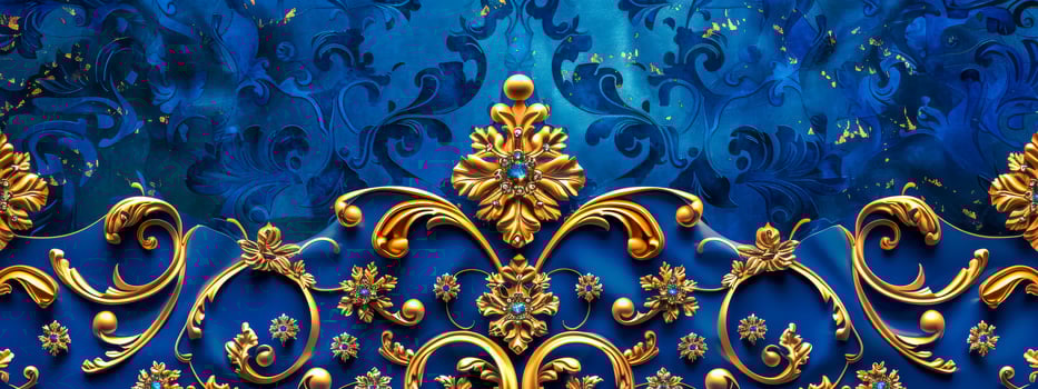 AI Generated Luxurious golden floral ornaments on blue background photo