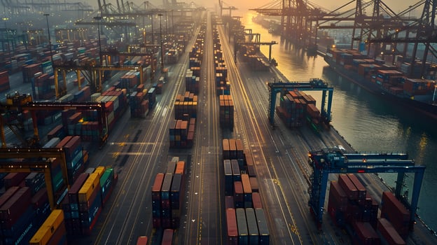 AI generated A ship for transporting cargo containers and also unloading it at the docks of a cargo port. AI Generated photo