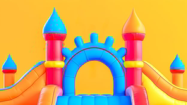 AI Generated Vibrant inflatable castle on yellow background photo