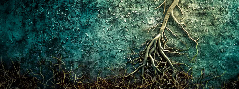 AI Generated Majestic tree roots on textured blue backdrop photo