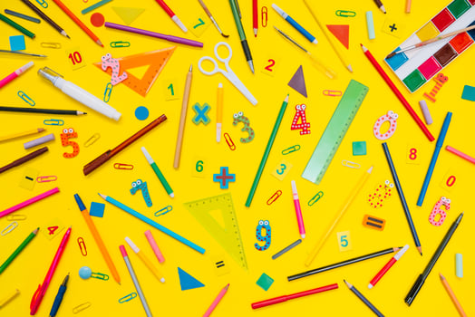 School equipment. Variety of school supplies. Flat lay photo