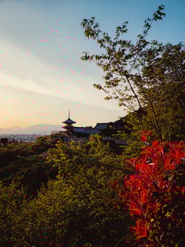 Flowers And Trees Surrounding The View Of A Shrine photo