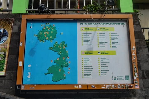 Gresik regency tourist map information board, Indonesia, 27 January 2024. photo