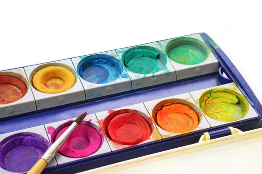 Art palette with paint and brush on white background. Learning and paintings art concept. photo