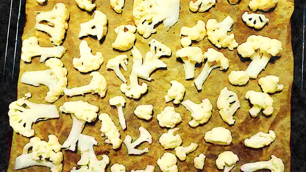 A baking pan filled with cauliflower flowers to roast and dress with salad. photo
