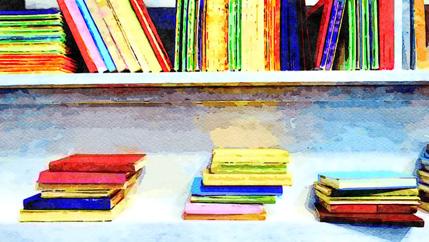 Watercolor of books on the shelves photo