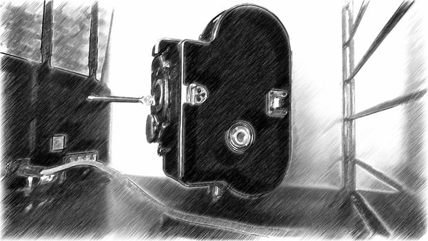 Black and white digital drawing of an antique movie camera photo