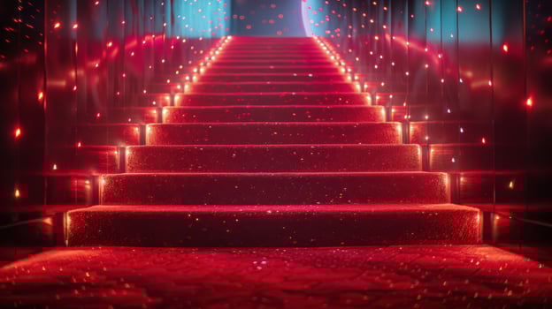 AI generated Long Red Staircase Leading to Bright Light photo