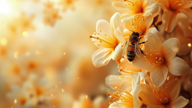AI generated Bee Feeding on Flower With Blurry Background photo
