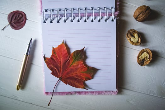 An opened notebook and pen on a desktop with decoration by fallen leaves. Atmospheric autumn background with copy space. photo