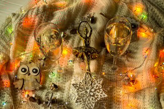 The glasses of champagne and christmas decoration. photo