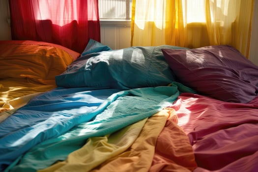 AI generated Bed with sheets, pillows and blanket. Bedroom interior photo