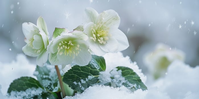 AI generated Helleborus Flowers with snow in garden, Hellebore winter rose blooms photo