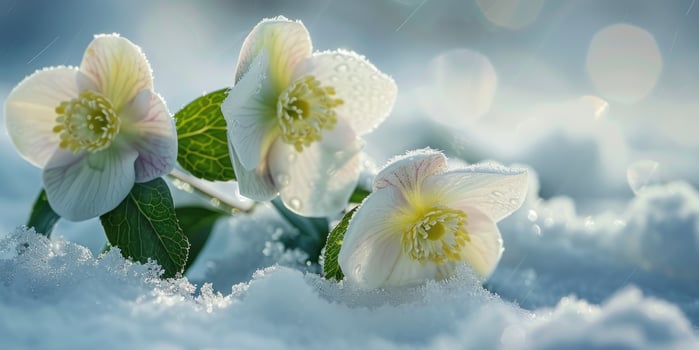 AI generated Helleborus Flowers with snow in garden, Hellebore winter rose blooms photo