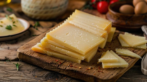 AI generated Closeup of some slices of manchego cheese from Spain photo