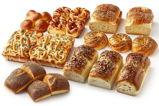 AI generated Assorted bakery products including loaves of bread and rolls. photo